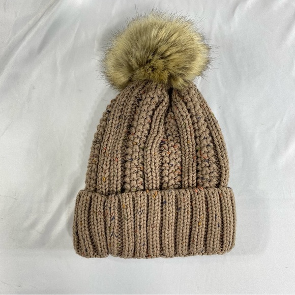 C.C. Thick Cable Knit Faux Fuzzy Pom Fleece Lined Beanie - Picture 7 of 7